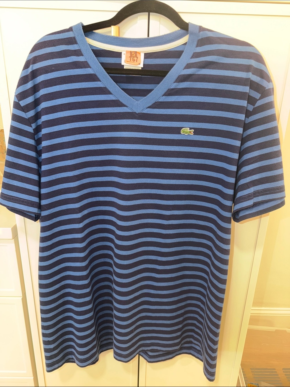 Lacoste Navy and Royal Blue Striped V-Neck Shirt Size 8 XXL